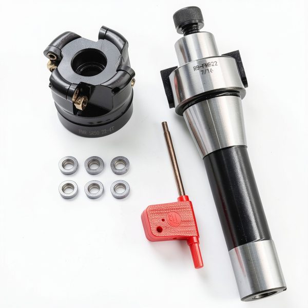 R8 FMB22 7/16-20 Shank Face End Mill Arbor and 1.97"/50mm Cutting Diameter 4 Flute EMR 5R50-22-4T CNC Face End Milling Shell Cutter with 10Pcs RPMW1003 Round Carbide Inserts and T15 Wrench-1