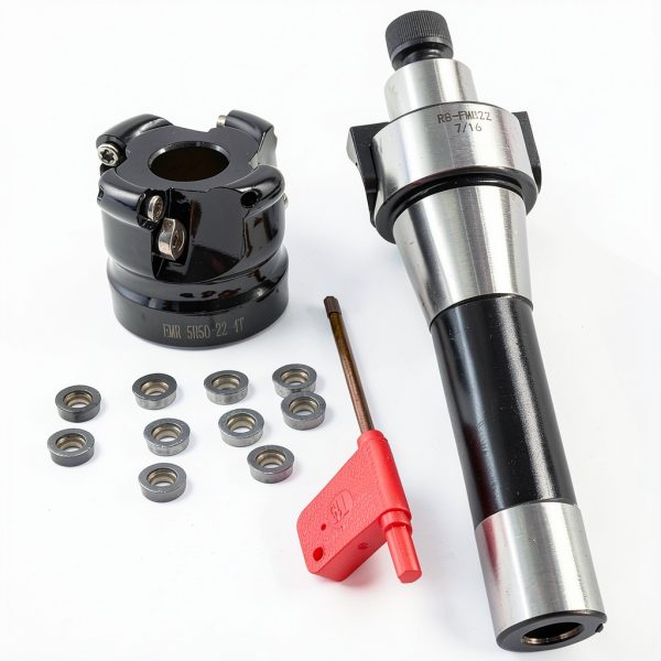 R8 FMB22 7/16-20 Shank Face End Mill Arbor and 1.97"/50mm Cutting Diameter 4 Flute EMR 5R50-22-4T CNC Face End Milling Shell Cutter with 10Pcs RPMW1003 Round Carbide Inserts and T15 Wrench-0